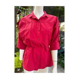 Vtg | 80s Michael Phillips Tunic Button Up Shirt Red Elastic Waist Collared Cuff